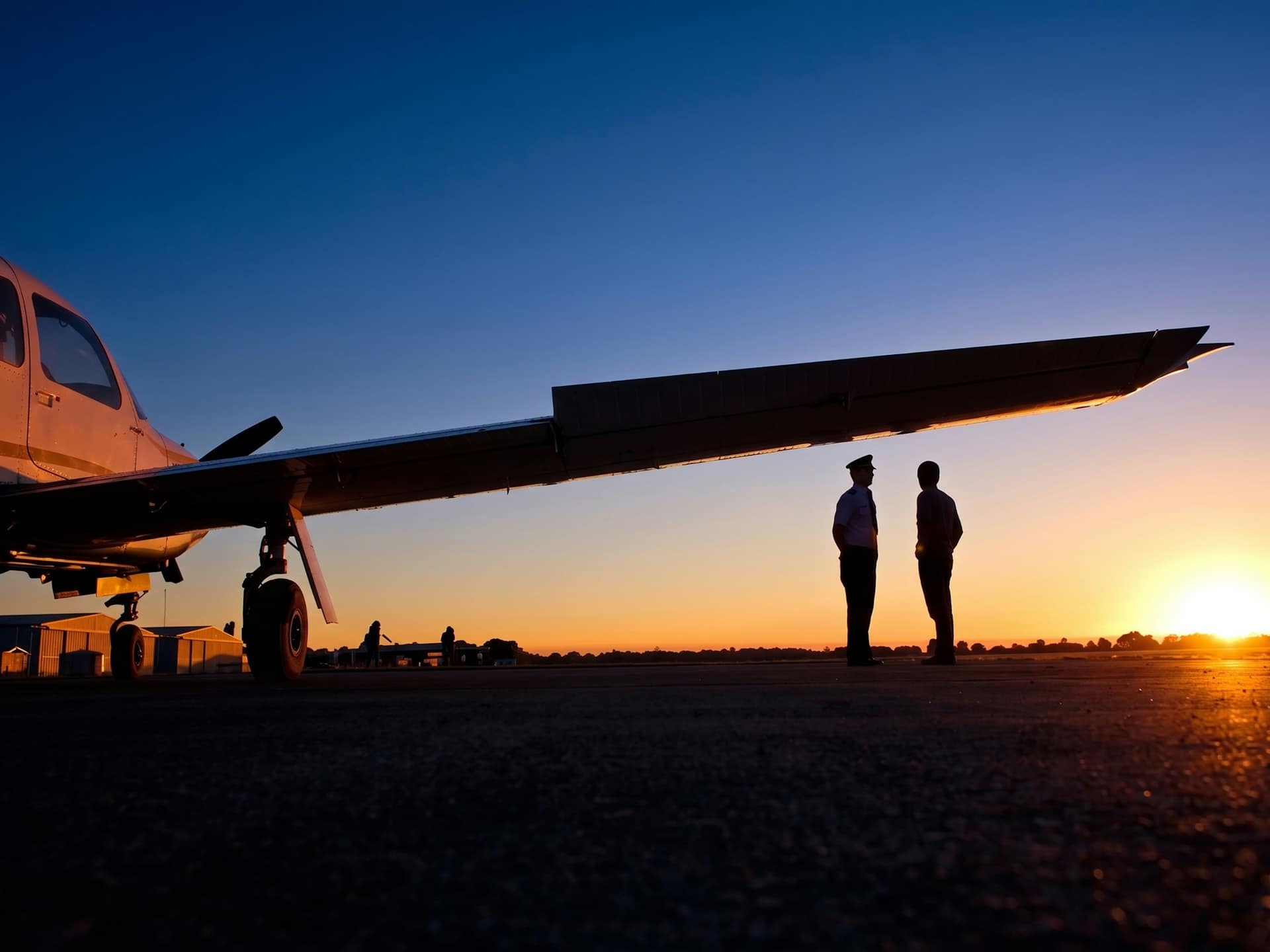 Two people standing under the wing of a small airplane, silhouetted against a sunset